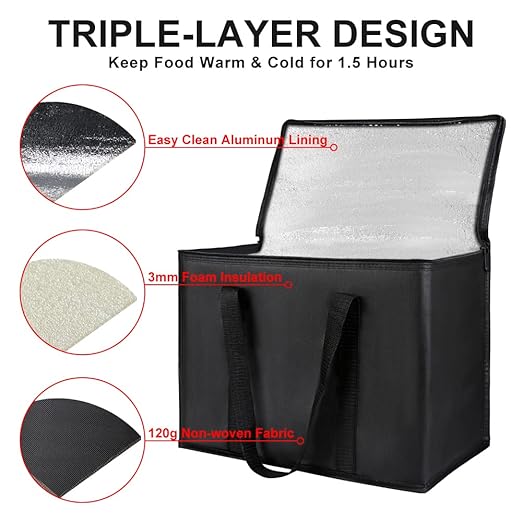 CIVJET Insulated Reusable Grocery Bags, 16W x 13H x 9D, X-Large Tote Bag for Shopping/Travel, Doordash Food Cooler/Hot Delivery Bag, Black, 2-Pack