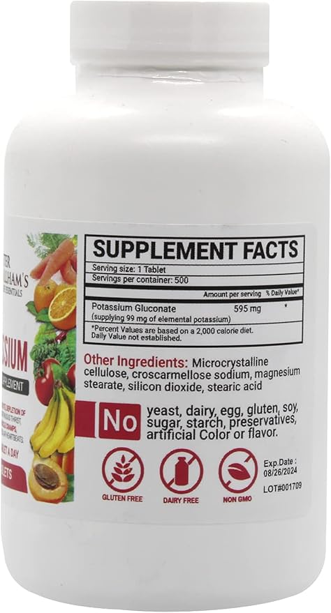 Peter Gillham’s Life Essentials Potassium Gluconate tablets 595mg, 500 Tablets, Support Electrolyte Balance, Made in USA (Package May Vary)
