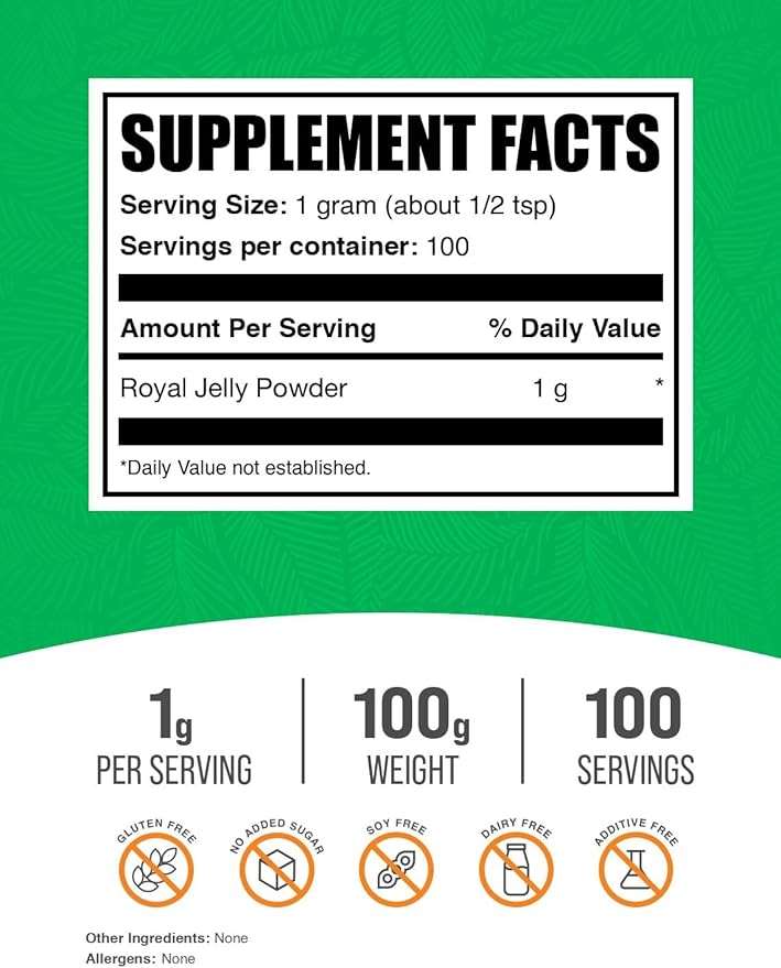 BulkSupplements.com Royal Jelly Powder - Royal Jelly Supplement, Royal Jelly 1000mg - for Immune Support, Gluten Free, 1000mg per Serving, 100g (3.5 oz) (Pack of 1)