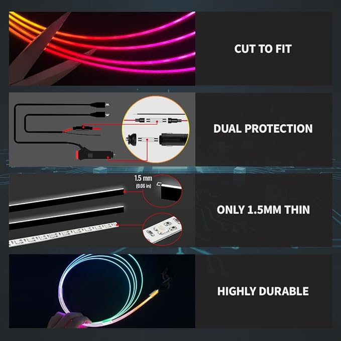 Ambient Lighting Car Led Lights Interior Kit, 4 in 1 Acrylic Led Lights for Car Center Console Dashboard,DC 12V APP Remote Control DIY Fiber Optic Music Sync RGB Neon Strip with Footwell Lighting