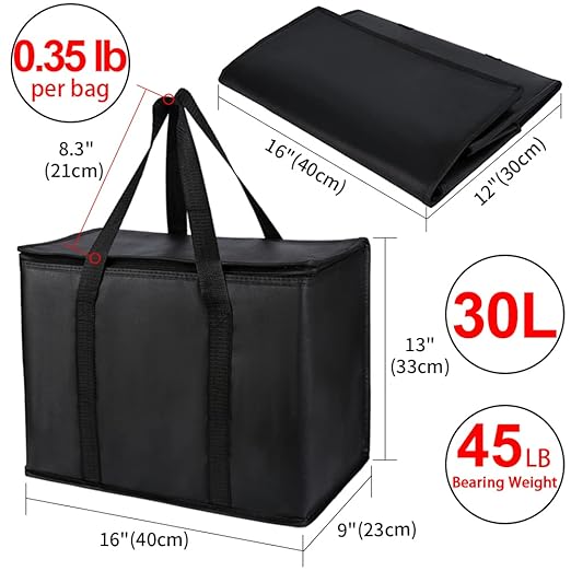 CIVJET 1-Pack Insulated Reusable Grocery Bags, X-Large Insulated Food Delivery Bag for Drivers/Catering/Rideshare, Commercial Food Warmer for Shopping, Tote Cooler Bags, Black