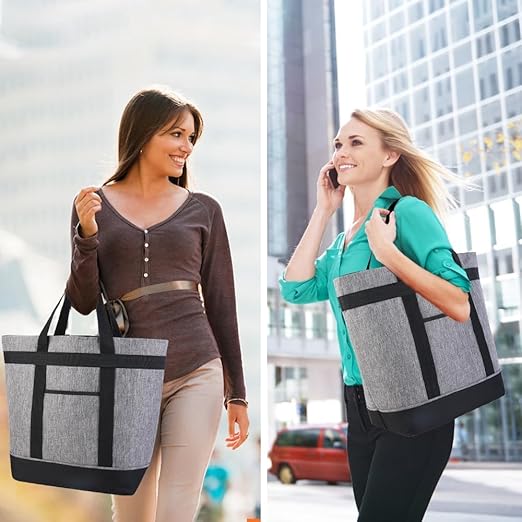 CIVJET Insulated Reusable Tote Bag for Grocery Shopping for Women/Men, Waterproof Cooler Bags for Travel/Beach/Picnic, Pizza/Food Delivery Bag to Keep Food Cold/Hot (Cationic Cloth, Grey，2-Pack)