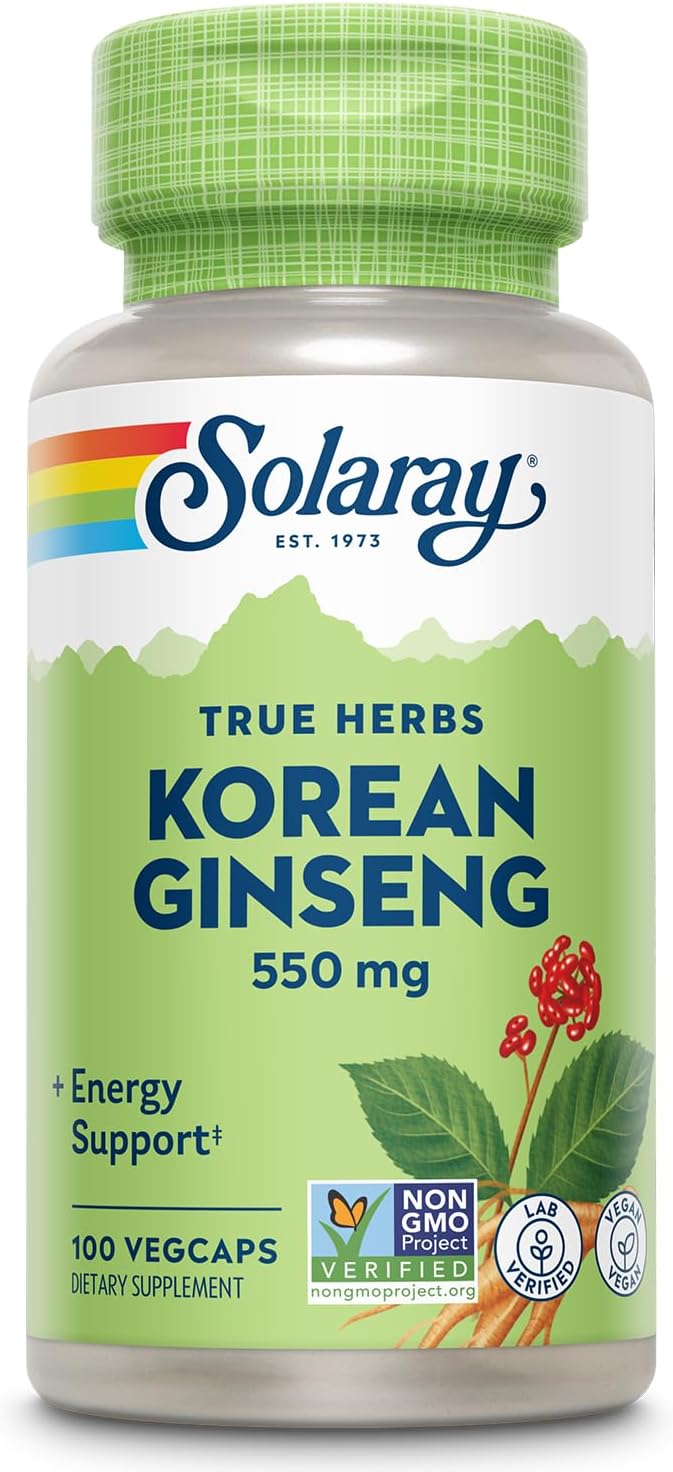 SOLARAY Korean Ginseng 550 mg - Ginseng Root - Stress, Physical Endurance and Energy Supplements - Non-GMO, Vegan, Lab Verified - 100 Servings, 100 VegCaps