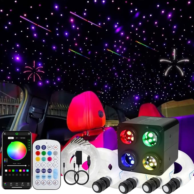 AZIMOM 4Colors 2 in 1 Meteor Twinkle Fiber Optic Starlight Headliner Kits Mixed1720pcs 13.1ft Fiber Strands,RGB Meteor Shooting Star 240pcs, Sound Remote APP Control Home Ceiling Car Headliner Decor