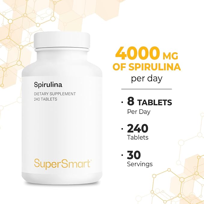 Supersmart - Spirulina 4000mg per Day (Easy-to-Take) - Blue Green Algae - Natural Vegan Friendly Superfood | Non-GMO & Gluten Free - 240 Tablets