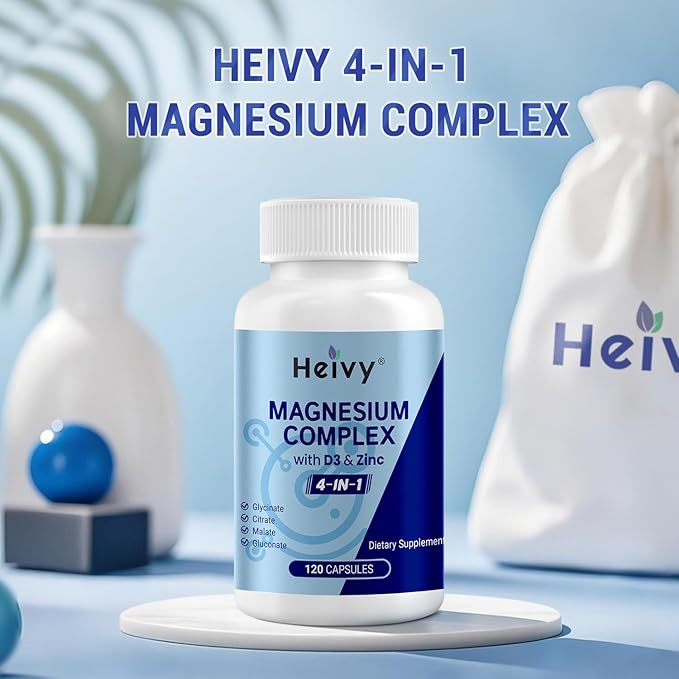 Magnesium Complex with D3 and Zinc - 4-in-1 Magnesium Glycinate, Citrate, Malate & Gluconate - Supplment for Muscle, Heart, Nerve & Bone Support - 120 Capsules