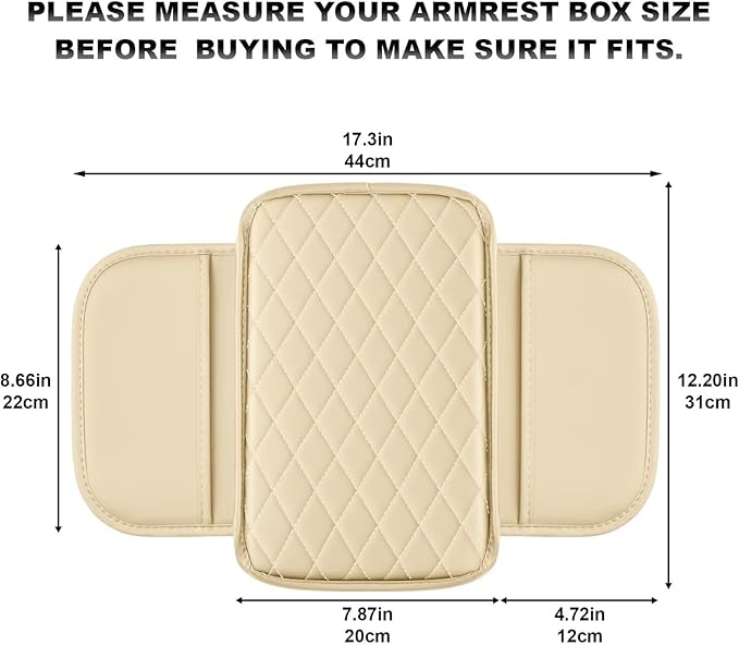 Upgraded Car Center Console Cover Fit for Land Cruiser Faux Leather Car Armrest Cover Cushion with 2 Storage Bags,Car Armrest Storage Box Interior Accessories(Beige&Whiteline)
