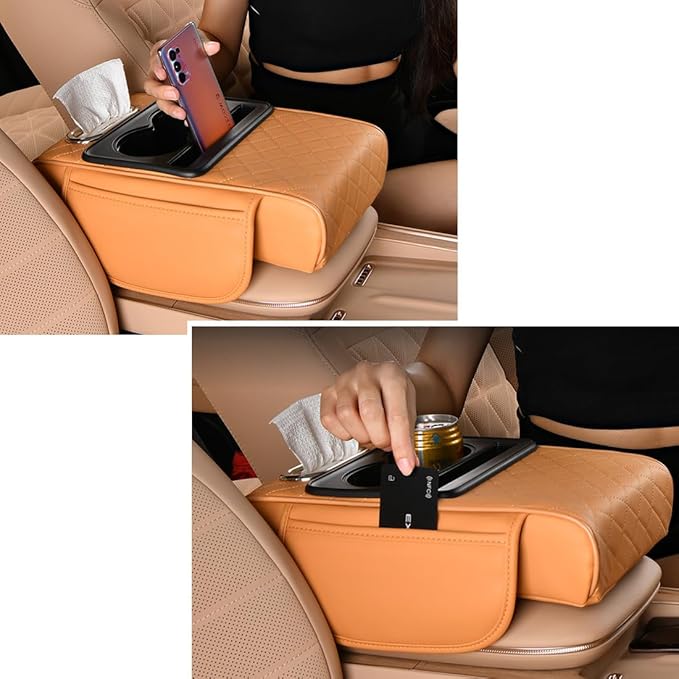 Car Armrest Cushion for SUV with Cup Holder 2.75"Height ,5-in-1 Center Console Cover with 2 Storage Bags , Tissue Box Slot, Phone Slot for Sedans, Car Accessories Interior Organizers (Black Red)