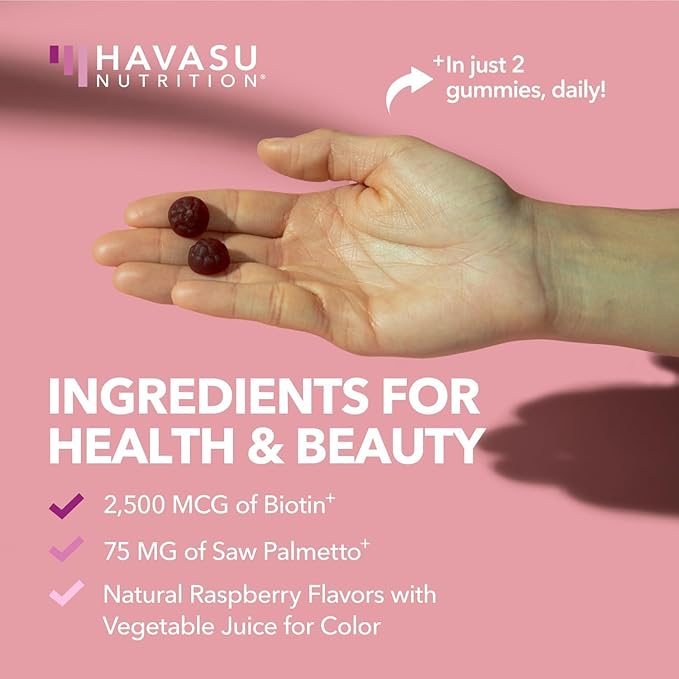 Saw Palmetto for Women with 2500mcg Biotin - DHT Blocker and Hair, Skin, Nail Health Gummies - 60 Count - Supports Stronger and Fuller Looking Locks and Radiant Skin - Vegan, Non-GMO, 1 Month Supply