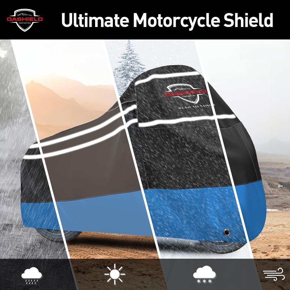 Ultimum Series Motorcycle Cover Waterproof All Weather Protection Universal Heavy Duty Night Reflector with Lock-Holes Compatible with Suzuki Harley Davidson Kawasaki Yamaha Honda Blue XL