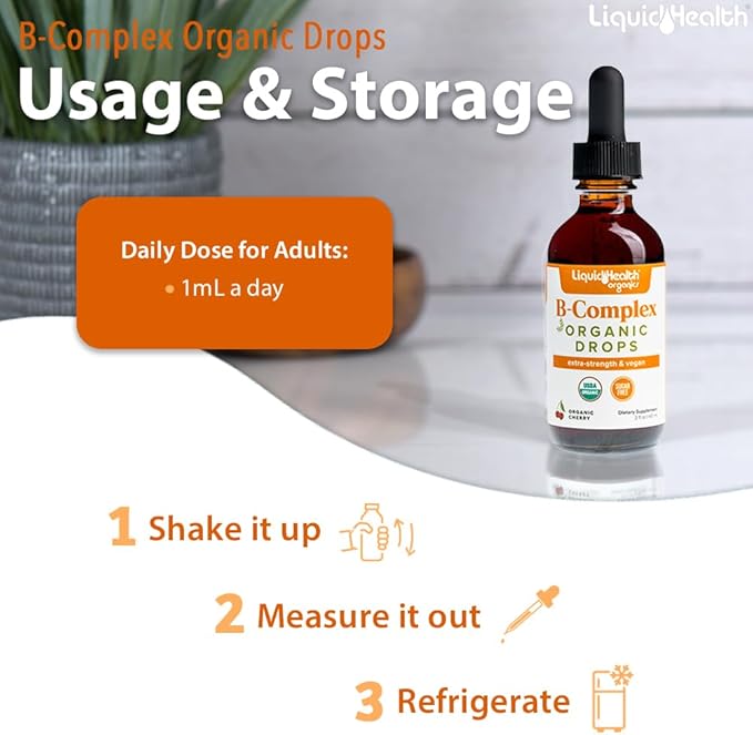 LIQUIDHEALTH USDA Organic Vitamin B Complex Drops for Men & Women - Natural Energy, Improved Focus, Memory & Mood, Immune Support, Metabolism Boost - USA Made, Extra Strength, Sugar Free, Vegan (2 oz)