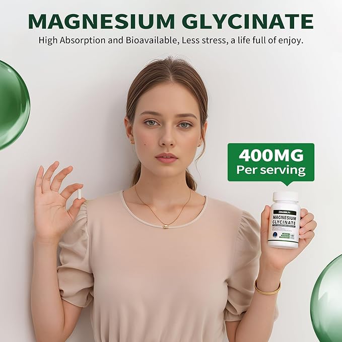 Magnesium Glycinate 400 MG per Serving 100% Chelated for High Absorption, Gentle On Stomach, Non-GMO, 180 Vegetarian Capsules