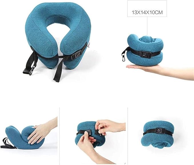 Neck Pillow Sleep Kit - 100% Memory Foam Travel Pillow, Compact Carry Bag, U-Shaped Airplane Car Flight Pillow, Breathable and Comfortable 360-Degree Head Support (Color : Blue)