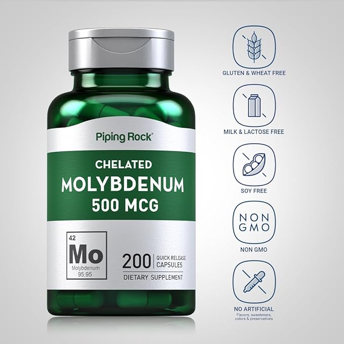 Piping Rock Molybdenum Supplement | 500 mcg | 200 Capsules | Chelated Molybdenum Amino Acid | Non-GMO, Gluten Free