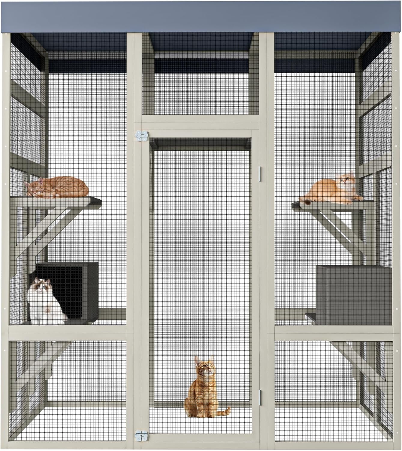 62.6 Inch Outdoor Cat House Big Catio Wooden Cat Shelter with Platforms, with 5 Platforms and 2 Rest Boxes, Upgraded Waterproof Cover, Rust-Proof Wire, Gray