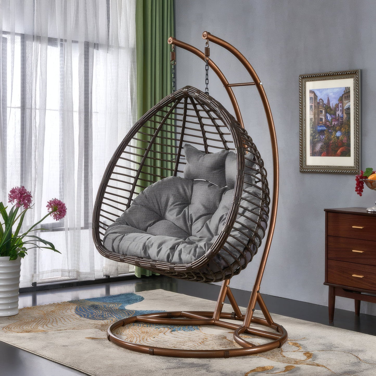 Modern Dark Brown Wicker Hanging 2 Person Egg Swing Chair