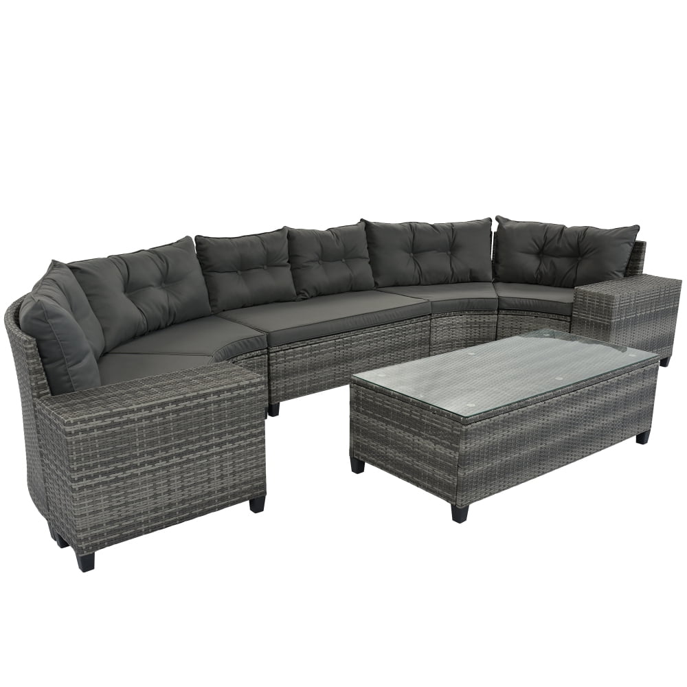 StyleSack 8-Piece Half Moon Curved Round Outdoor Sectional Sofa Patio Furniture Set with Glass Coffee Table