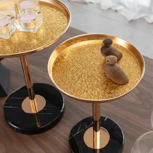 2 Pcs Adjustable Side Table, Small Tea Martini Table, Gold, Natural Marble Decorative Pedestal End Table for Display and Storage