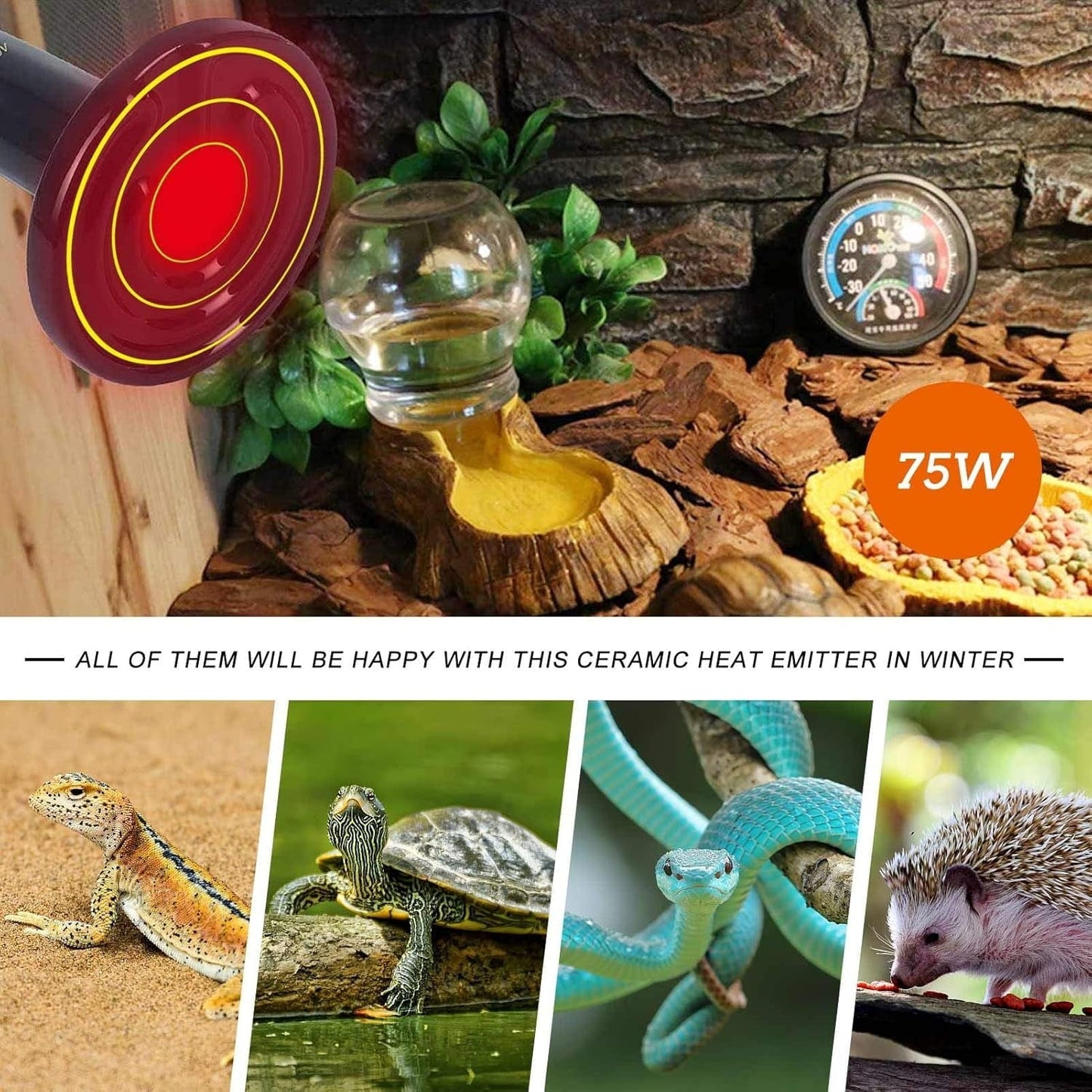 75W Ceramic Heat Lamp, Infrared Reptile Heat Emitter Heater Lamp Bulb for Pet Brooder Coop Chicken Lizard Turtle Snake Aquarium, No Light Emitting No Harm - 2 Pack