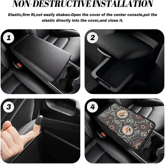 Boho Mandala and Turtle Print Car Armrest Cover Breathable Auto Center Console Pad with 2 Storage Bags Anti-Slip Car Armrest Cover Cushion Universal Fit for Sedan Truck SUV