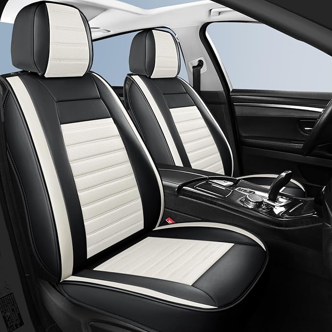 Car Seat Covers Front Pair, Breathable Nappa Leather Seat Covers for Cars, Universal Auto Interiors Car Seat Cushions for Most Sedans SUV Truck (2 PCS Front Seat, Black + Cream)