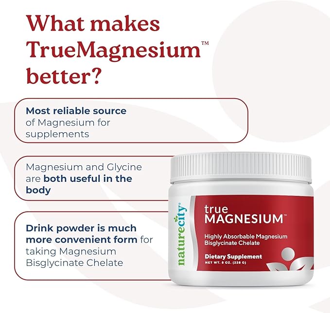 NatureCity TrueMagnesium Highly Absorbable Chelated Magnesium Bisglycinate Powder Drink Mix (60 Servings) - Magnesium Supplement for Sleep and to Support Bone Health & Muscles