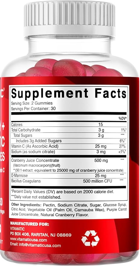 Vitamatic Vegan Cranberry Gummies with D-Mannose, Probiotics & Vitamin C – 25,000 mg Equivalent per Serving (from 50:1 Extract 500 mg) – 60 Count – Urinary Tract Health Support for Women