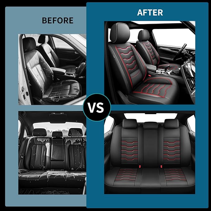 Fit Versa Car Seat Covers Compatible with Nissan Versa 2008-2025 2026 - Premium Leather，Waterproof Breathable，All-Weather Seat Cushion Protecto&Airbag Compatible (2 Front Seat Red Line Black)