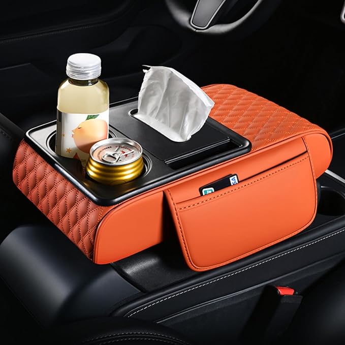 5-in-1 Car Armrest Pad Cushion, Water Ripple Embossed Center Console Booster Pad with Tissue Box, Cup Holder, Storage Bag, Phone Slot, Fit for Most Sedan Vehicles (Water Ripple Series, Burgundy)