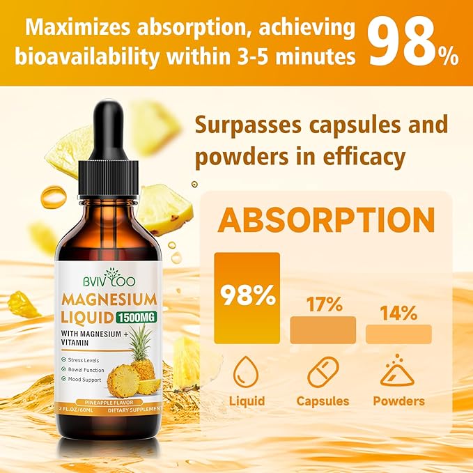 2 Pack Magnesium Glycinate Liquid, High Absorption Magnesium Liquid Drops with Cellulose Fiber, Bromelain, Vitamins B6 C D & Zinc, Magnesium Supplement for Adults & Kids, Pineapple Flavor