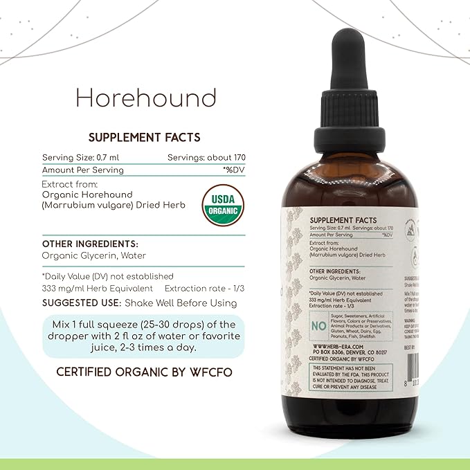 Horehound B120 USDA Organic Tincture | Alcohol-Free Extract, High-Potency Herbal Drops | Certified Organic Horehound (Marrubium vulgare) Dried Herb (4 oz)