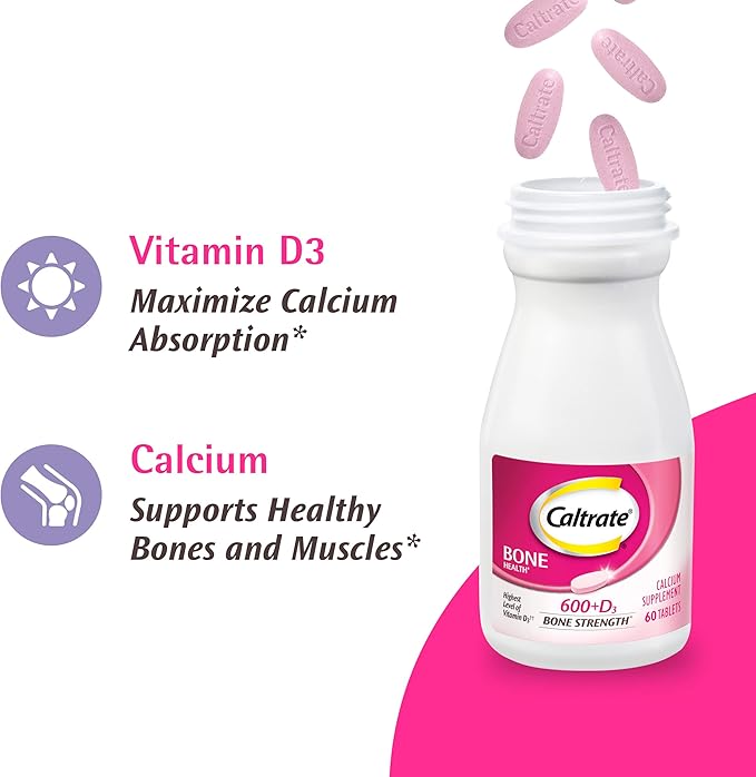 Caltrate 600 Plus D3 Calcium and Vitamin D Supplement Tablets, Bone Health Supplements for Adults - 60 Count (Pack of 2)