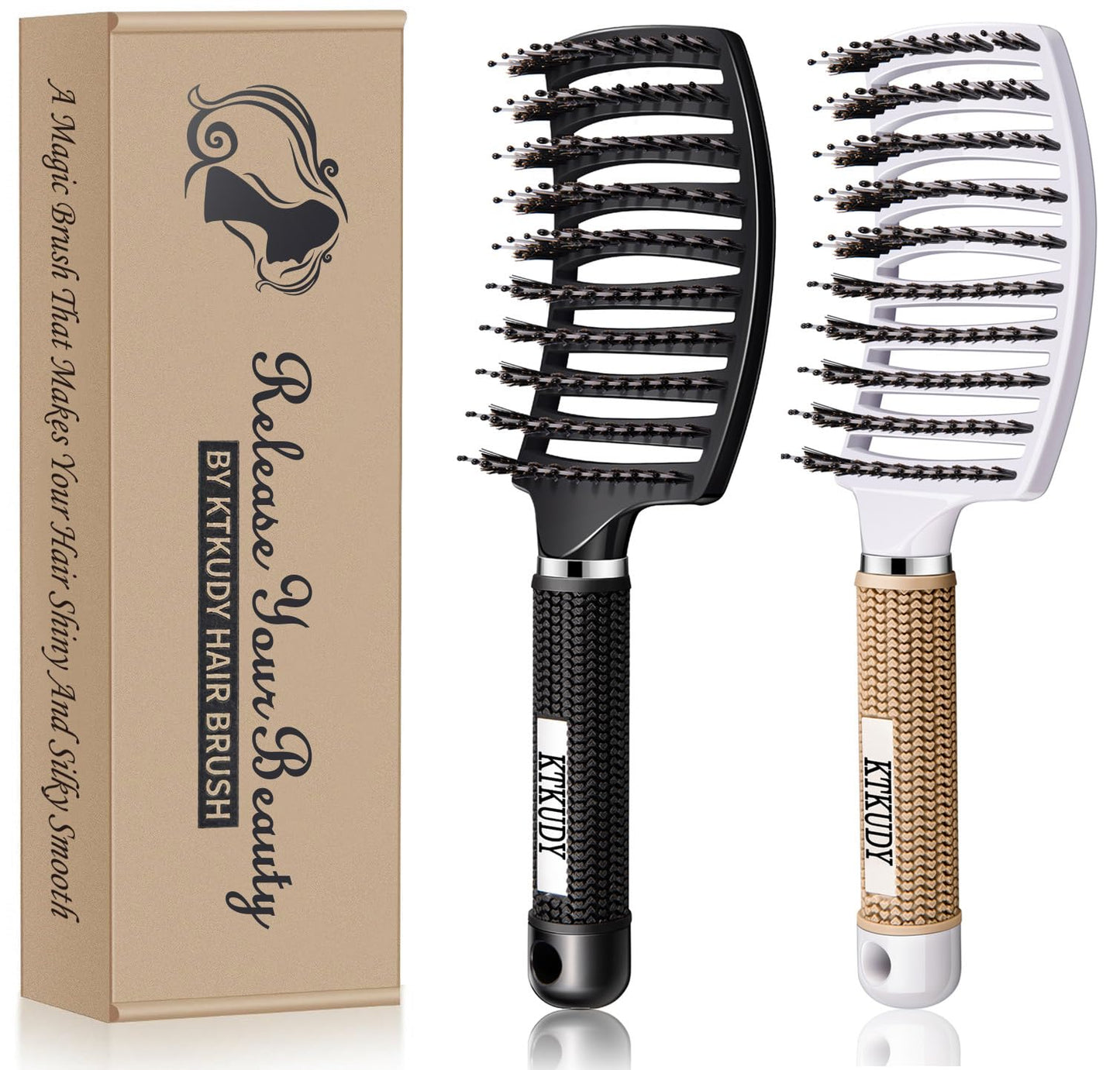 Detangling Brush Boar Bristles Set Ktkudy Hair Brush Curved And Vented Detangler Brush For Women Men Kids Wet And Dry Hair (Blac