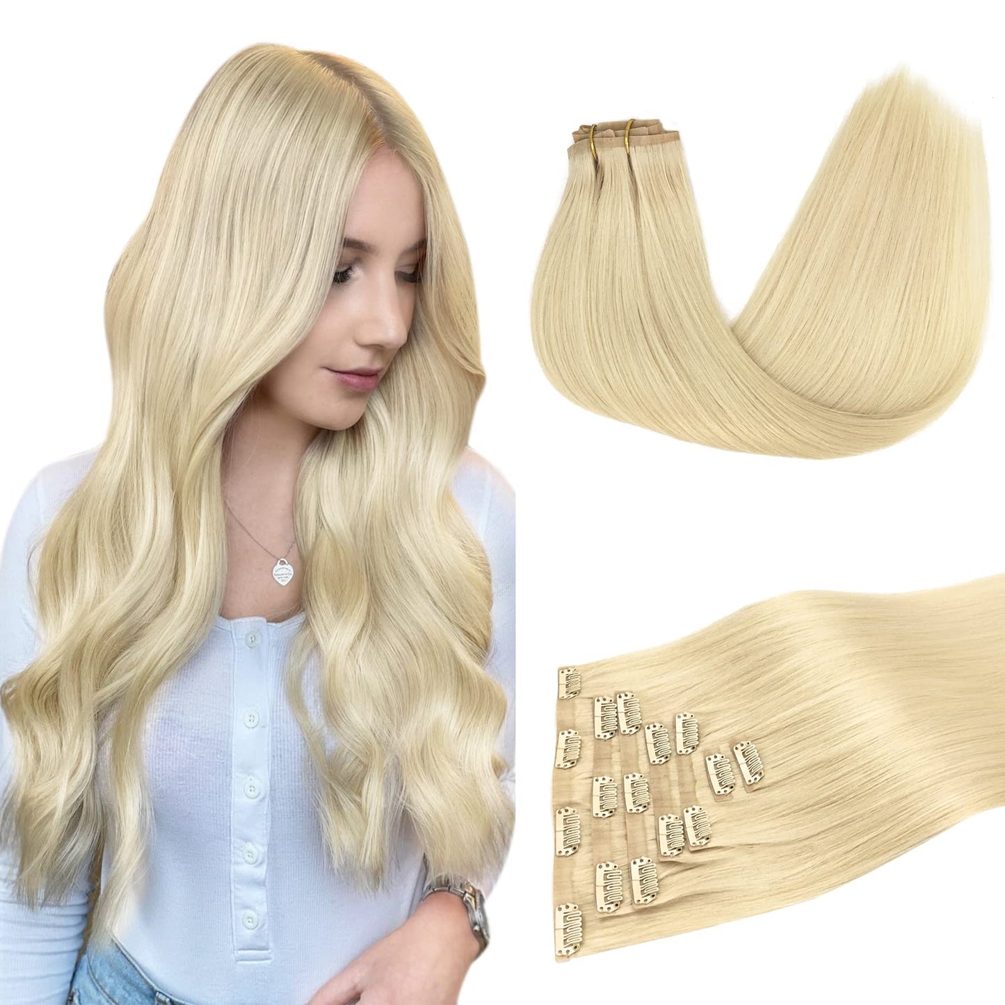 Doores Seamless Clip In Hair Extensions Real Human Hair, Bleach Blonde 18 Inch 7Pcs 110G, Invisi Edge Hair Extensions Human Hair
