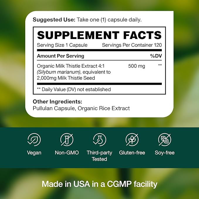 Fresh Nutrition Organic Milk Thistle Supplement - 2000mg Potent Strength – 4 Month Supply – Silymarin Thistle Seed Standardized Extract 4:1 - Made in The USA - 120 Capsules