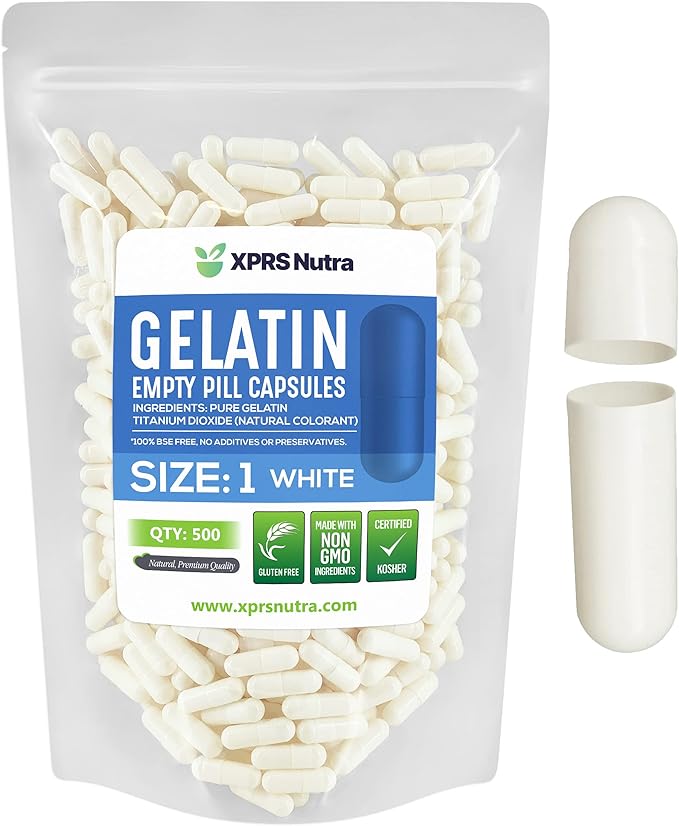 XPRS Nutra Size 1 Empty Capsules - 500 Count Empty Gelatin Capsules - Pill DIY Capsule Filling - Pure Bovine Pill Gel Caps for Do-It-Yourself Supplements (White)