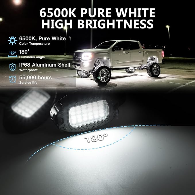 8 Pods Pure White LED Rock Lights, IP68 Waterproof Aluminum 6500K Bright White Underglow Light with Extension Cord Harness,12V Metal Fender Lights for Jeeps Trucks Off Road UTV ATV Car Golf SXS Etc