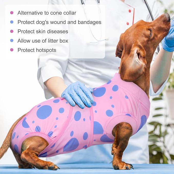 Kuoser Dog Surgery Recovery Suit, Anti Licking Pet Surgical Suit for Dogs Male Neuter, Female Dog Surgery Suit for Spay Subsititute E-Collar Cone, Dogs Body Suits After Surgery Pink Polka Dot M