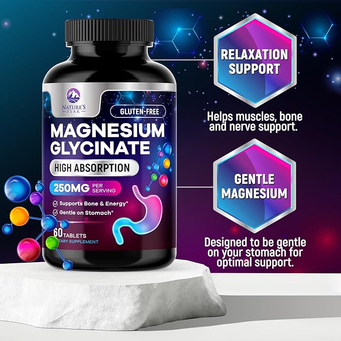 Magnesium Glycinate Chelated for Max Absorption - Supports Bone, Muscle, Nerves & Heart Health, Nature's Sleep and Stress Support, Best Magnesium Supplement Pills for Whole Body Support - 60 Tablets