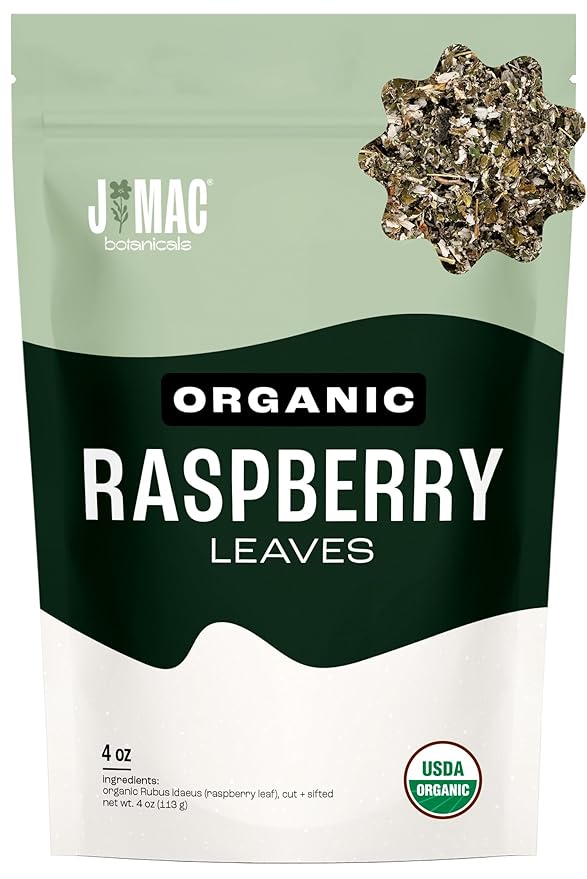 J Mac Botanicals, Organic Red Raspberry Leaf, Herbal tea (4 ounce bag 50+ cups) cut & sifted dried leaf