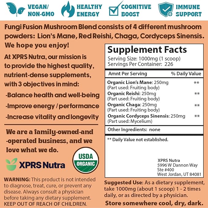 XPRS Nutra Fungi Fusion Organic Mushroom Powder Blend, Premium Blend of Lion's Mane, Reishi, Chaga, Cordyceps for Mental Clarity, Cognition, Energy and Immunity - 8 Ounce