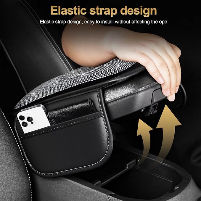 Bling Center Console Cover Fit for Toyota Corolla with 2 Storage Bags Fully Diamond-Studded Style Center Console Armrest Cover with Total Protection(Silver Diamond)