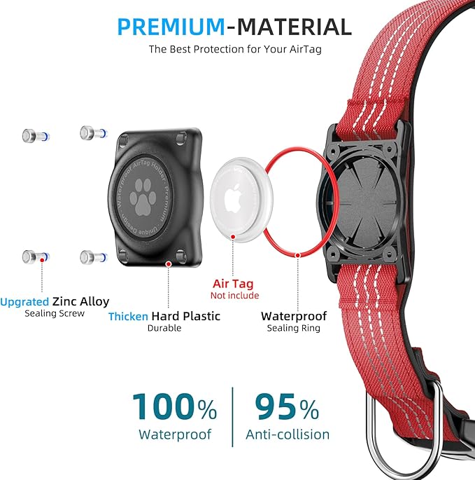 Upgraded AirTag Dog Collar, IP68 Waterproof Air Tag Dog Collar Holder, Reflective, Ultra-Durable, Comfortable Padded, Heavy Duty Dog Collars for Small Medium Large Dogs (XL (15.6"-22"), Red)