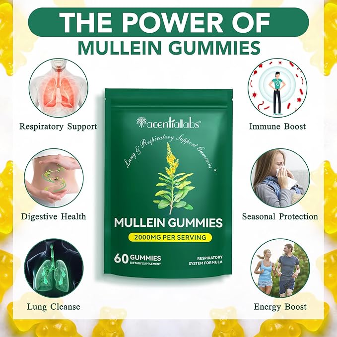 Mullein Gummies - Mullein Leaf Extract for Lungs, 2000mg Mullein Gummies for Lungs Detox, Respiratory Digestive Immune Support, 60 Count