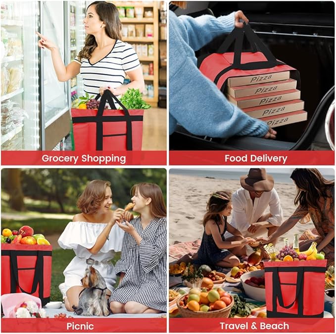 mosago 2PK Reusable Grocery Tote Bags, Insulated Cooler Shopping Bag for Women, Pizza/Food Delivery Bags to Keep Food Hot/Cold for Commercial Food Transport, Cooler Bag for Travel/Picnic, Collapsible