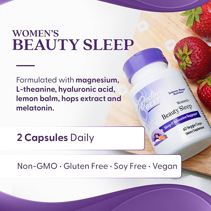 Doctor's Best Womens Beauty Sleep with Magnesium, Theanine, Melatonin, Sleep & Relaxation Support, Non-GMO, Gluten Free, Soy Free, Vegan 60 Veggie Caps