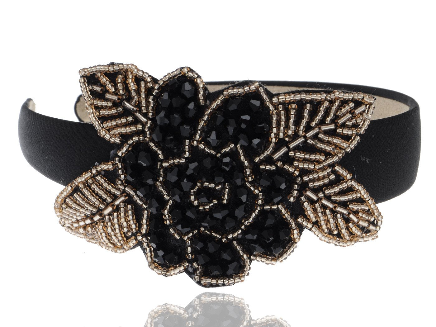 Alilang Women Intricate Design Single Black Bead Flower Golden Bead Leaves Fashion Headband, 1 Piece