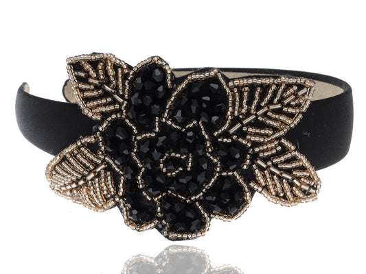 Alilang Women Intricate Design Single Black Bead Flower Golden Bead Leaves Fashion Headband, 1 Piece