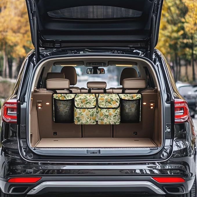 Lemon Hanging Trunk Organizer for SUV Back Seat Organizer with Elastic Net Collapsible Cargo Storage Bag Car Interior Accessories