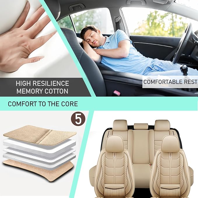 Leather Car Seat Covers Fit for Toyota Avalon Hybrid 2013-2024, 5 Seater Car Seat Cover, Premium Waterproof, Scratch Resistant Car Interior Accessories (Full Set Beige)